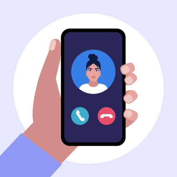 IP-Telefonie. Internet-Aufruf. Handhaltendes Smartphone mit ausgehendem Anruf. Bunte flache Vektorillustration. — Stockillustration Telefonie Internet Aufruf Handhaltendes Smartphone Mit Ausgehendem Anruf Bunte Flache — Stockvektor