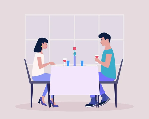 Two Friends Have Dinner Restaurant Young Couple Having Dinner Restaurant — Stock Vector