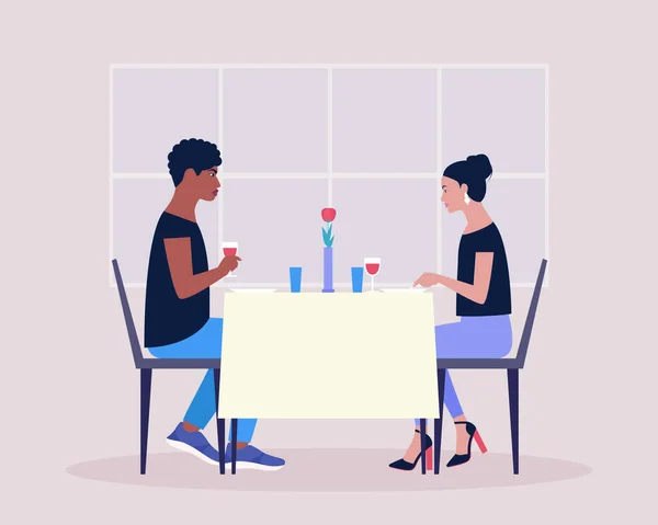 Two Friends Have Dinner Restaurant Young Couple Having Dinner Restaurant — Stock Vector