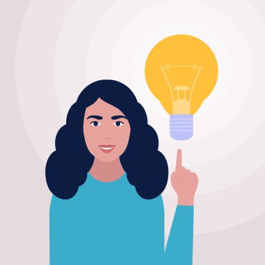 Ampul kafalı bir kadın. Fikir beyin fırtınası. Düz bir şekilde vektör illüstrasyonu.