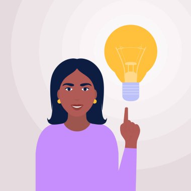 Ampul kafalı bir kadın. Fikir beyin fırtınası. Düz bir şekilde vektör illüstrasyonu.