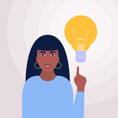 Ampul kafalı bir kadın. Fikir beyin fırtınası. Düz bir şekilde vektör illüstrasyonu.