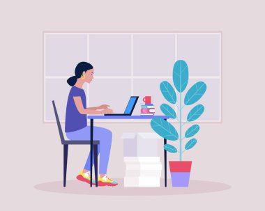 Çalışma akışı illüstrasyonu. Bilgisayarlı genç bir kadın. Sosyal ağlarda iletişim, e-posta, online toplantı, video görüşmesi. Düz bir şekilde vektör illüstrasyonu