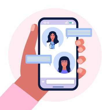 Doktor konuşma baloncuklarıyla çevrimiçi sohbet görüntüsü. Renkli düz vektör illüstrasyonu.