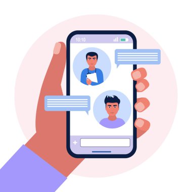 Doktor konuşma baloncuklarıyla çevrimiçi sohbet görüntüsü. Renkli düz vektör illüstrasyonu.