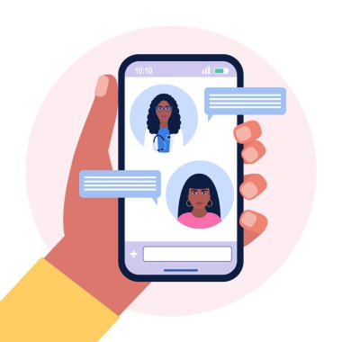 Doktor konuşma baloncuklarıyla çevrimiçi sohbet görüntüsü. Renkli düz vektör illüstrasyonu.