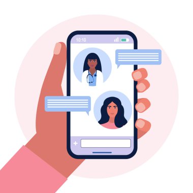 Doktor konuşma baloncuklarıyla çevrimiçi sohbet görüntüsü. Renkli düz vektör illüstrasyonu.