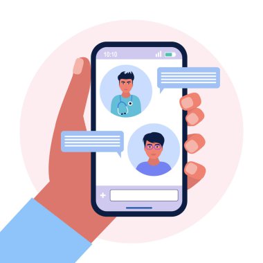 Doktor konuşma baloncuklarıyla çevrimiçi sohbet görüntüsü. Renkli düz vektör illüstrasyonu.