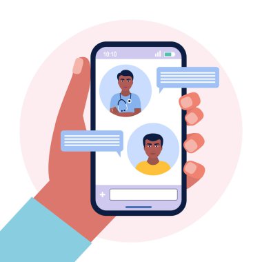 Doktor konuşma baloncuklarıyla çevrimiçi sohbet görüntüsü. Renkli düz vektör illüstrasyonu.