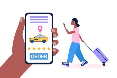 Bavullu genç bir kadının taksi çağırma görüntüsü. Renkli düz vektör illüstrasyonu