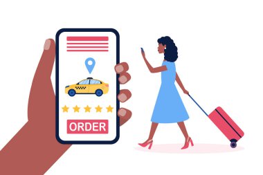 Bavullu genç bir kadının taksi çağırma görüntüsü. Renkli düz vektör illüstrasyonu