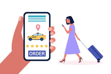 Bavullu genç bir kadının taksi çağırma görüntüsü. Renkli düz vektör illüstrasyonu.