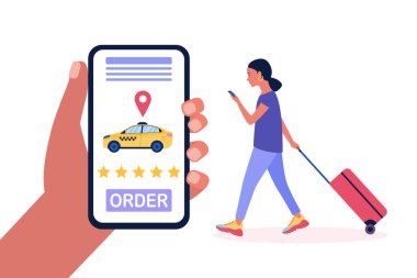 Bavullu genç bir kadının taksi çağırma görüntüsü. Renkli düz vektör illüstrasyonu.