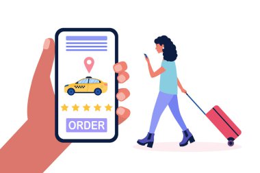 Bavullu genç bir kadının taksi çağırma görüntüsü. Renkli düz vektör illüstrasyonu.