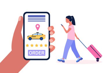 Bavullu genç bir kadının taksi çağırma görüntüsü. Renkli düz vektör illüstrasyonu.