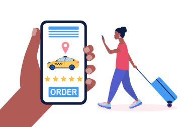 Bavullu genç bir kadının taksi çağırma görüntüsü. Renkli düz vektör illüstrasyonu