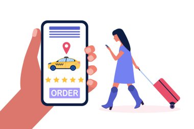 Bavullu genç bir kadının taksi çağırma görüntüsü. Renkli düz vektör illüstrasyonu.