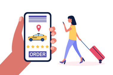 Bavullu genç bir kadının taksi çağırma görüntüsü. Renkli düz vektör illüstrasyonu.