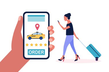 Bavullu genç bir kadının taksi çağırma görüntüsü. Renkli düz vektör illüstrasyonu.