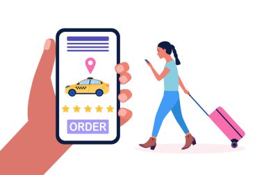 Bavullu genç bir kadının taksi çağırma görüntüsü. Renkli düz vektör illüstrasyonu.