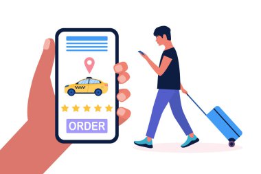 Bavullu genç bir adam taksi çağırmış. Renkli düz vektör illüstrasyonu.