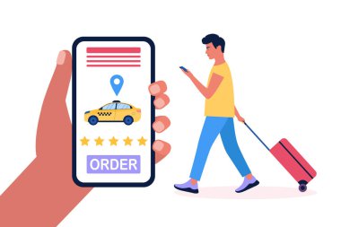 Bavullu genç bir adam taksi çağırmış. Renkli düz vektör illüstrasyonu.