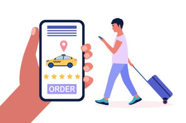 Bavullu genç bir adam taksi çağırmış. Renkli düz vektör illüstrasyonu.