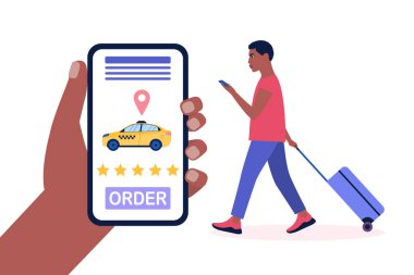 Bavullu genç bir adam taksi çağırmış. Renkli düz vektör illüstrasyonu.