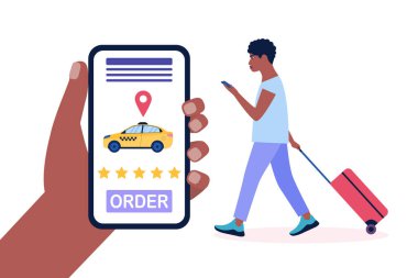 Bavullu genç bir adam taksi çağırmış. Renkli düz vektör illüstrasyonu.