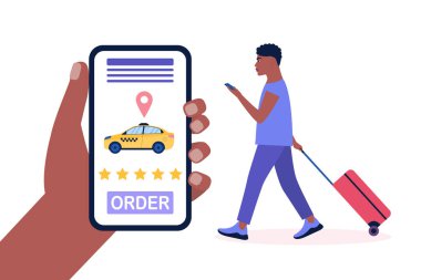 Bavullu genç bir adam taksi çağırmış. Renkli düz vektör illüstrasyonu.