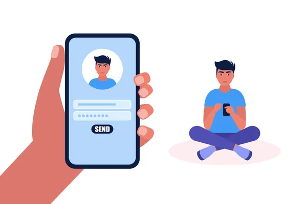 オンライン登録やコンセプトを歌う 若い男がスマートフォンのサイトにログインします カラフルなフラットベクトルイラスト — ストックベクタ