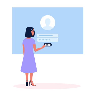 Çevrimiçi kayıt ya da şarkı konsepti. Genç adam siteye giriş yapıyor. Renkli düz vektör illüstrasyonu