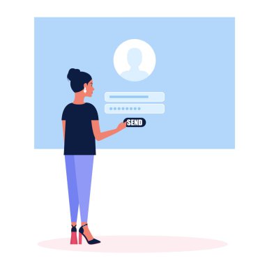 Çevrimiçi kayıt ya da şarkı konsepti. Genç adam siteye giriş yapıyor. Renkli düz vektör illüstrasyonu