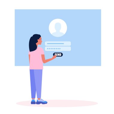 Çevrimiçi kayıt ya da şarkı konsepti. Genç adam siteye giriş yapıyor. Renkli düz vektör illüstrasyonu