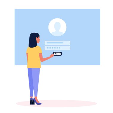 Çevrimiçi kayıt ya da şarkı konsepti. Genç adam siteye giriş yapıyor. Renkli düz vektör illüstrasyonu