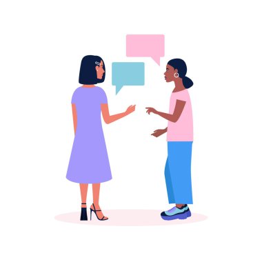 Beyaz arka planda izole edilmiş, konuşan kadınların canlandırması. Düz çizgi film tarzında renkli vektör illüstrasyonu