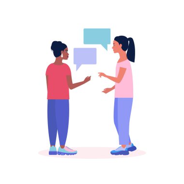 Beyaz arka planda izole edilmiş, konuşan kadınların canlandırması. Düz çizgi film tarzında renkli vektör illüstrasyonu