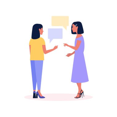 Beyaz arka planda izole edilmiş, konuşan kadınların canlandırması. Düz çizgi film tarzında renkli vektör illüstrasyonu