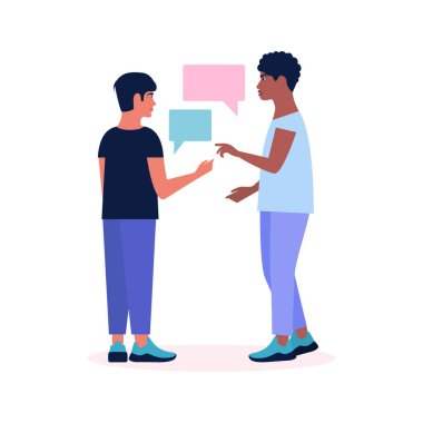 Beyaz arka planda izole edilmiş konuşan adamların tasviri. Düz çizgi film tarzında renkli vektör illüstrasyonu