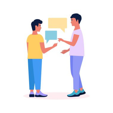 Beyaz arka planda izole edilmiş konuşan adamların tasviri. Düz çizgi film tarzında renkli vektör illüstrasyonu