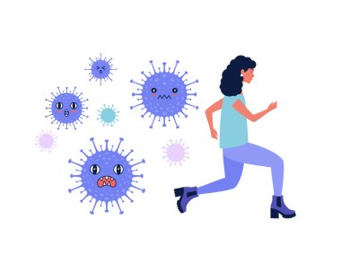 İnsan koronavirüsten kaçar. Coronavirus kontrol konsepti. Düz bir şekilde vektör illüstrasyonu