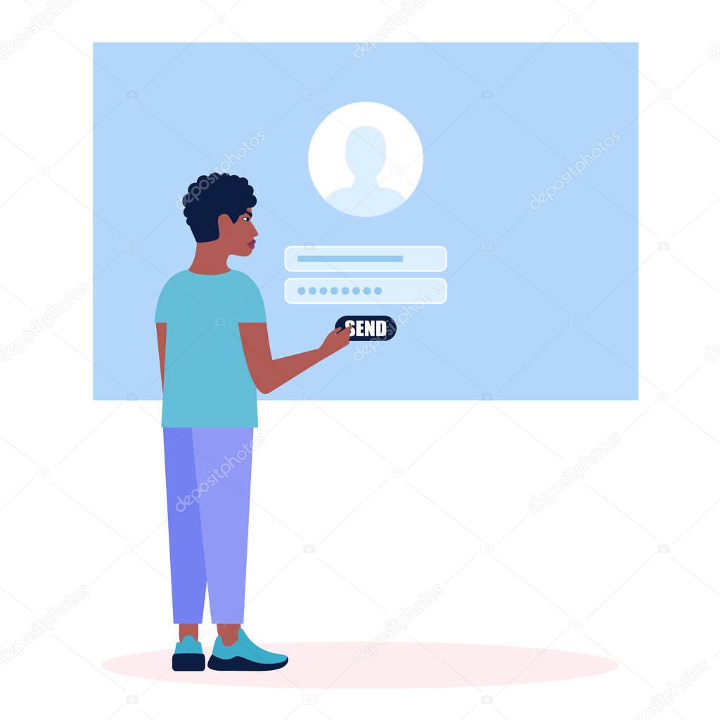 Online registration or sing up concept. Young man logs into the site. Colorful flat vector illustration