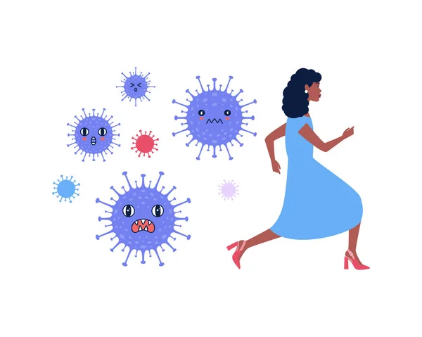 女性はコロナウイルスから逃れる コロナウイルス制御の概念 平面図のベクトル図 — ストックベクタ