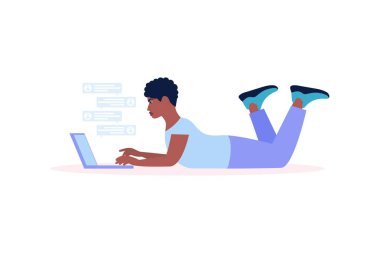 Çalışma akışı illüstrasyonu. Dizüstü bilgisayarı olan. Sosyal ağlarda iletişim, e-posta, online toplantı, video görüşmesi. Düz bir şekilde vektör illüstrasyonu