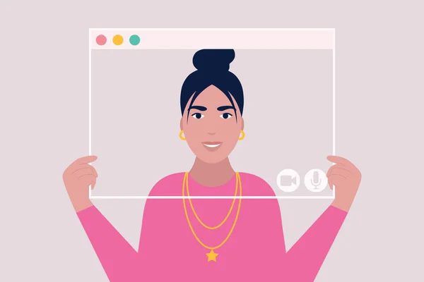 Jonge Vrouw Met Virtuele Raamkozijnen Illustratie Van Conference Video Call — Stockvector