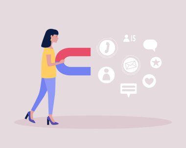 Büyük mıknatısı olan kadın tasviri. Büyük mıknatıs takipçileri, beğenileri, mesajları çeker. Sosyal medya pazarlama kavramı