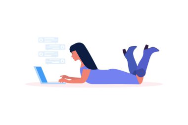 Çalışma akışı illüstrasyonu. Dizüstü bilgisayarlı kadın. Sosyal ağlarda iletişim, e-posta, online toplantı, video görüşmesi. Düz bir şekilde vektör illüstrasyonu