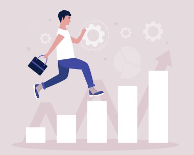 İş analizleri ve strateji teması. Kariyer basamaklarını tırmanan adam kavramı. Düz bir şekilde vektör illüstrasyonu