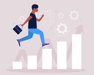 İş analizleri ve strateji teması. Kariyer basamaklarını tırmanan adam kavramı. Düz bir şekilde vektör illüstrasyonu.