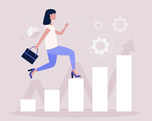 Business Analytics Strategy Theme Concept Woman Running Career Ladder Vector — Stock Vector